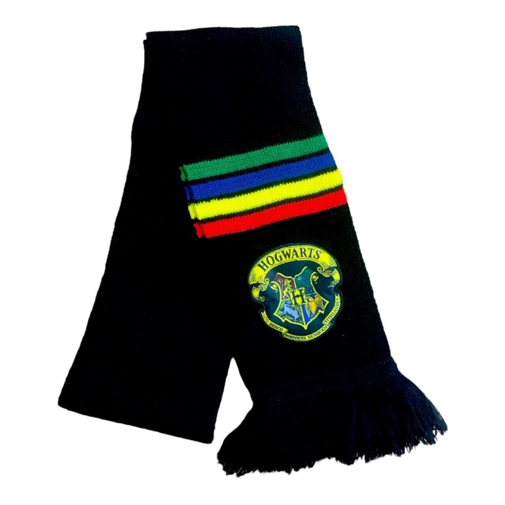 Harry Potter Hogwarts Crest Striped Scarf Black with Fringe